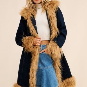 Tyler Mcgillivary Faux Fur Trimmed Denim Brandy Coat SZ XL